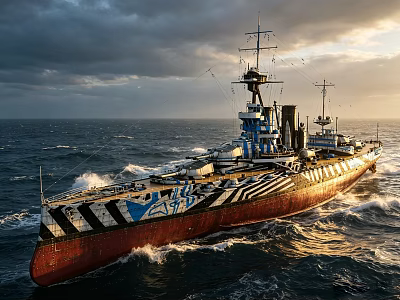 Vintage Warship With Striped Design Sailing On Rough Ocean At Sunset 3d model