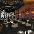 Elegant Restaurant Interior With Hanging Round Pendant Lights Red Decorative Wall And Round Dining Tables