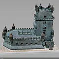 Historic Teal Castle Tower Architecture With Spired Turrets Arched Windows And Stone Platform