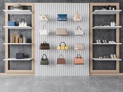 Stylish Assorted Bags Displayed On Wall Shelves With Shoes And Accessories 3d model