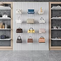 Stylish Assorted Bags Displayed On Wall Shelves With Shoes And Accessories