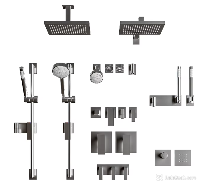 Complete Modern Shower System Components Including Rain Heads Handheld Sprays And Control Valves 3d model