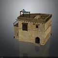 Traditional Stone Building With Arched Doorway Balcony Railings And Blue Roof Awning