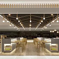 Modern Furniture Showroom Interior With Wooden Ceiling Pendant Lights Sofa And Display Shelves