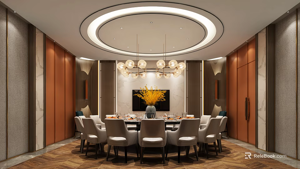 Private Dining Room With Round Table Chairs Chandelier And Circular Ceiling Design 3d model 