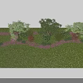 Beautiful Garden Landscape With Green Lawn Trees Purple Flowers And Bushes