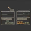Two Metal Shelves With Wooden Boxes Scrolls Small Crates And Tool