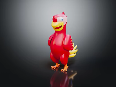 Red Cartoon Bird Character Toy Figure With Yellow Beak And Orange Feet On Dark Background 3d model
