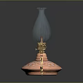 Vintage Candle Lamp With Copper Base Intricate Carvings Transparent Glass Shade And Curved Metal Handle