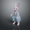 Plush Rabbit Wearing Blue And White Checkered Dress With Yellow Flowers Standing On Dark Background