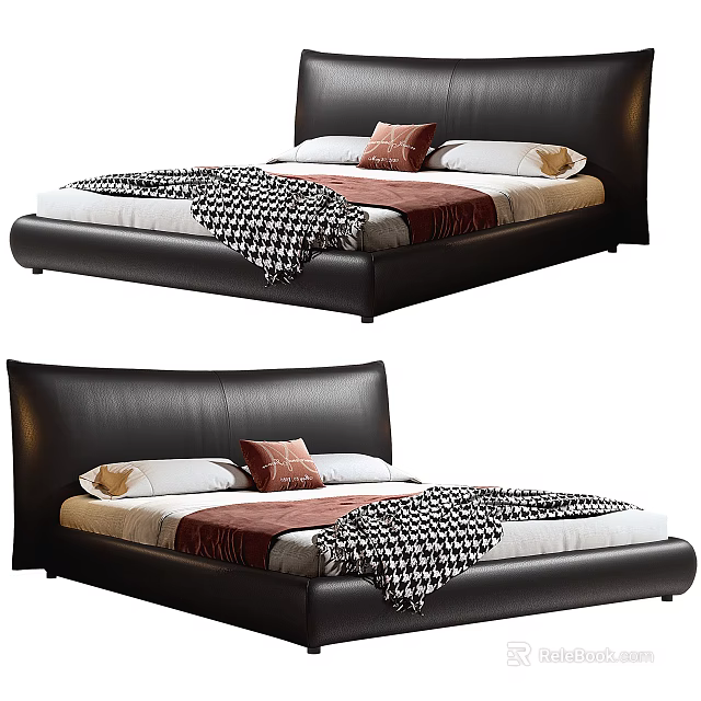 Elegant Double Bed With Black Headboard Soft Pillows And Checkered Brown Blankets 3d model 