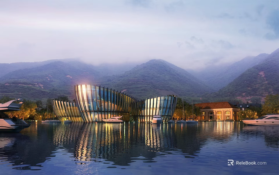 Modern Glass Building With Waterfront Reflection And Mountain Background At Dusk 3d model 