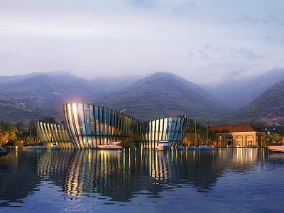Modern Glass Building With Waterfront Reflection And Mountain Background At Dusk 3d model