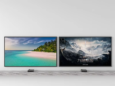 Two TVs Placed Side by Side on Gray Countertop Displaying Beach and Scenic Landscape Screens 3d model