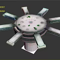 Industrial Equipment Featuring Circular Top Multiple Holes And Elongated Arms On White Base