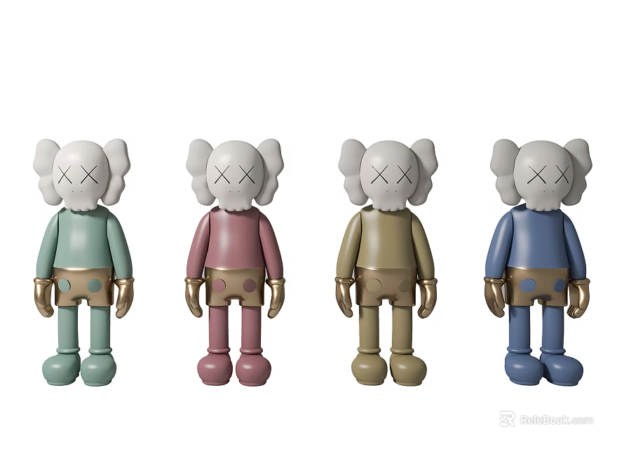 Colorful Collectible Dolls With White Heads Cross Eyes In Light Green Pink Beige Blue 3d model 