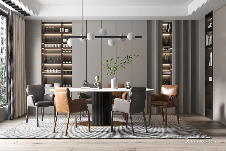 Modern Restaurant Interior With Round Dining Table Wooden Chairs Pendant Lights Bookshelves And Green Plant 3d model 