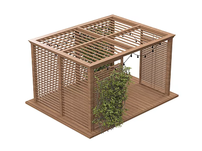 Wooden Gazebo With Lattice Roof Wooden Fences Deck Floor Green Plants And String Lights 3d model