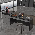 Black And White Modern Interior Functional Desk With Drawers Laptop Coffee Maker Books And Chair