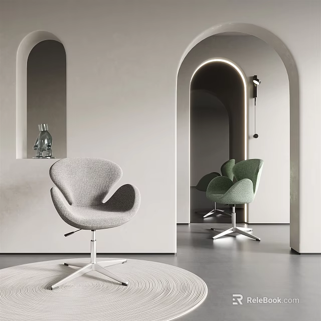 Modern Office Chairs With Curved Backrest Light Gray And Green In Minimalist Interior 3d model 