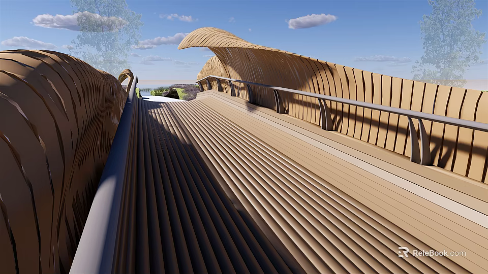 Curved Wooden Landscape Bridge Featuring Metal Railings And Striped Deck With Scenic Background 3d model 