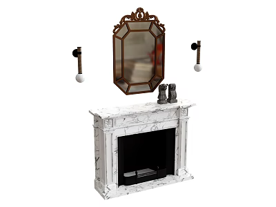 White Marble Fireplace With Vintage Decorative Mirror Wall Sconces And Decor Items 3d model