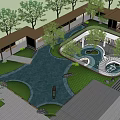 Modern Garden Landscape With Lush Trees Curved Pathway And Water Pond