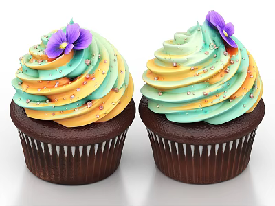 Colorful Frosted Cupcakes With Purple Violet Flowers And Sprinkles In Brown Liners 3d model