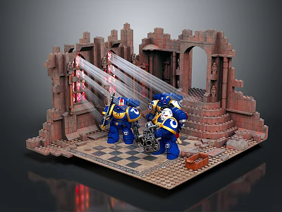 Lego Blue Yellow Armored Warriors In Castle Ruins With Archway Staircase Checkerboard Floor Laser Beams 3d model