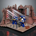 Lego Blue Yellow Armored Warriors In Castle Ruins With Archway Staircase Checkerboard Floor Laser Beams