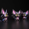 Three Cute Cartoon Bats With Large Ears Yellow Eyes Pink Inner Ears On Dark Background