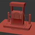 Red and Black Gas Station Fuel Pump with Yellow Warning Posts and Concrete Base