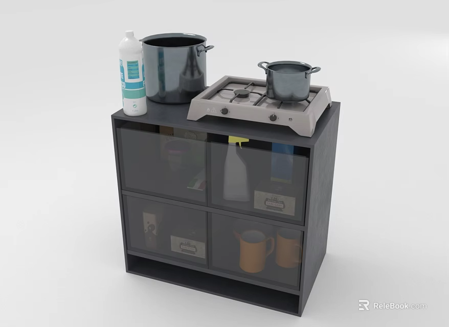 Black Kitchen Cabinet With Gas Stove Two Pots And Cleaner On Top 3d model 