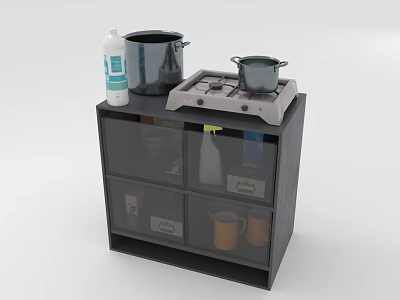 Black Kitchen Cabinet With Gas Stove Two Pots And Cleaner On Top 3d model