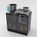 Black Kitchen Cabinet With Gas Stove Two Pots And Cleaner On Top
