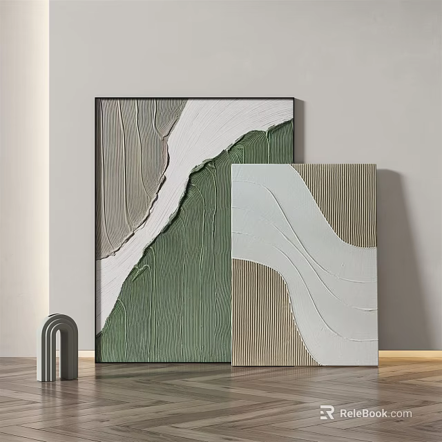 Modern Textured Decorative Paintings With Green White And Beige Wavy Patterns 3d model
