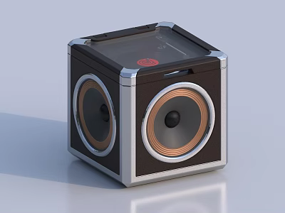 Modern Cube Shaped Black Silver Speaker With Transparent Top Red Logo And Copper Ring Speakers 3d model