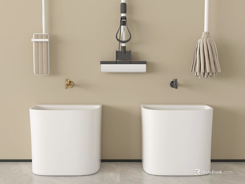 Essential Bathroom Accessories With Trash Bins Mop Broom And Wall Hooks 3d model