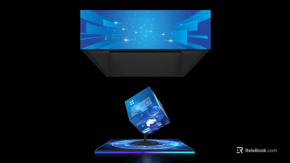 Futuristic Exhibition Island With Blue Floating Cube Illuminated Base And Digital Screen 3d model 