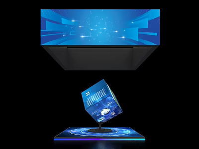 Futuristic Exhibition Island With Blue Floating Cube Illuminated Base And Digital Screen 3d model