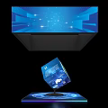 Futuristic Exhibition Island With Blue Floating Cube Illuminated Base And Digital Screen