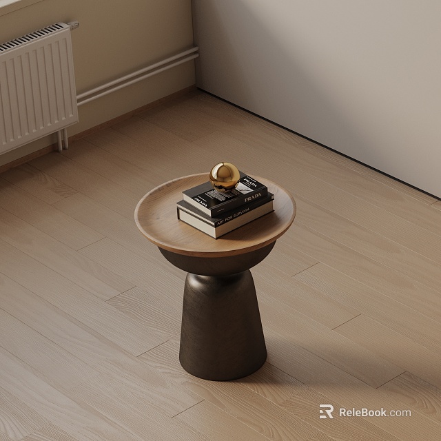 Round Wooden Top Side Table With Dark Base And Stack Of Books And Gold Decor 3d model 