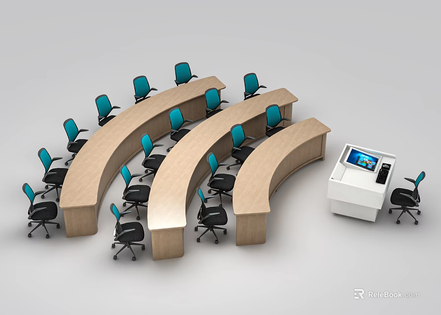 Curved Wooden Desk Setup In Meeting Room With Black Blue Back Chairs And Control Console 3d model 