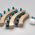 Curved Wooden Desk Setup In Meeting Room With Black Blue Back Chairs And Control Console