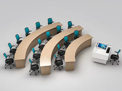 Curved Wooden Desk Setup In Meeting Room With Black Blue Back Chairs And Control Console 3d model