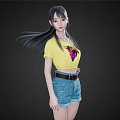 Long Haired Woman In Yellow Graphic T-shirt Denim Shorts And Brown Belt Against Black Background