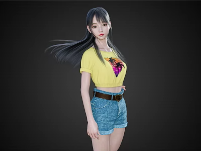 Long Haired Woman In Yellow Graphic T-shirt Denim Shorts And Brown Belt Against Black Background 3d model