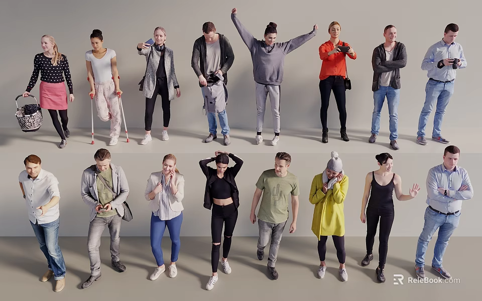 Group of Diverse People Standing in Various Poses With Different Outfits 3d model 