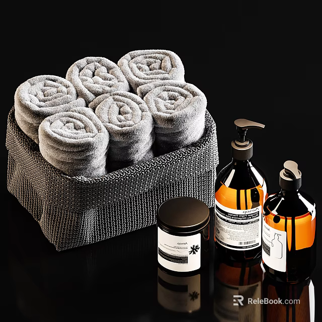 Stylish Bathroom Accessories With Rolled Towels Storage Basket Soap Bottles And Jar For Modern Decor 3d model 