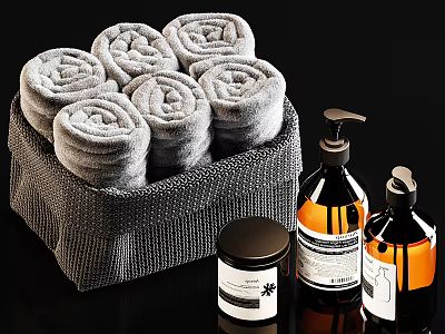 Stylish Bathroom Accessories With Rolled Towels Storage Basket Soap Bottles And Jar For Modern Decor 3d model